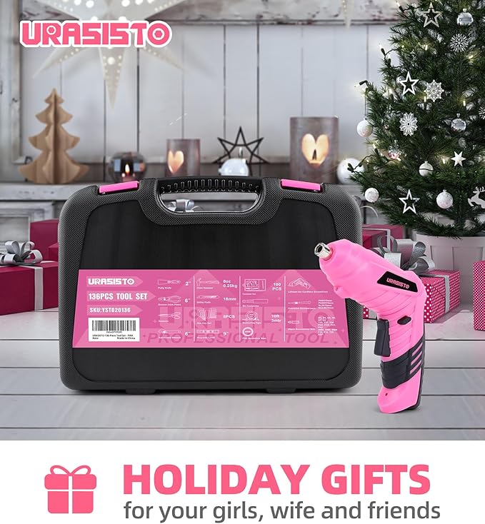 URASISTO Pink Household Tool Set with 3.6V USB Electric Screwdriver, 136 PCS Home Tool Kit with Cordless Lithium-ion Drill Driver, Hand Tool Kits for Women