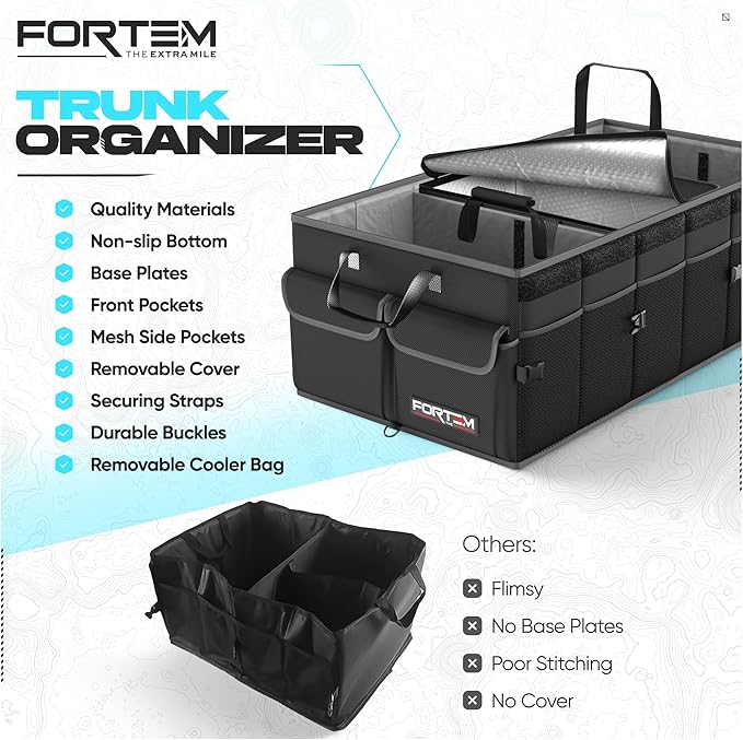 FORTEM Trunk Organizer with Cooler For SUV Car Trunk, Foldable Storage, Car Accessories for Women Men, Collapsible Bag, 600D Oxford, Non Slip Bottom, Straps, Soft Cover (105L)