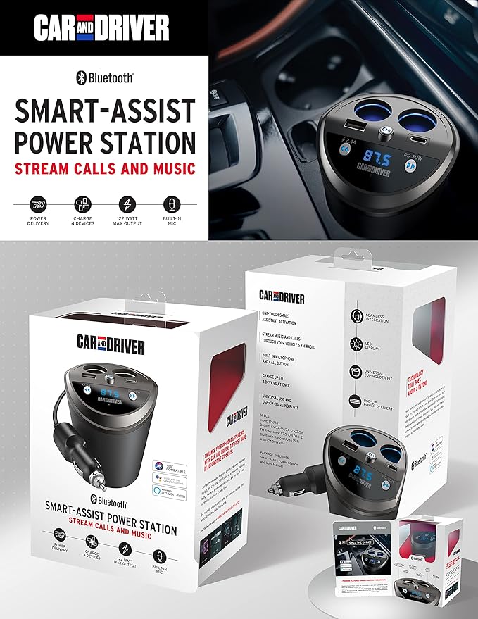 Car and Driver Smart FM Transmitter Bluetooth Cup Holder, Compatible with Alexa, Siri, and Google Assistant for Car, Dual USB-A and USB-C PD Fast-Charging Ports and Cigarette Lighter 12V Power Sockets
