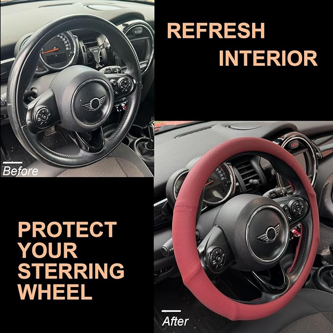 PINCTROT Nappa Leather Steering Wheel Cover with Ergonomic Palm Support Grip, Full Perforated Breathable, Slim Fit No Bulk Design, Universal 14.5-15 Inch (Burgundy Red)