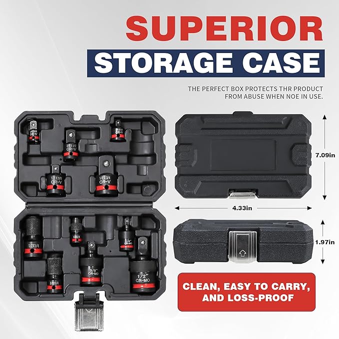 11-Piece Impact Socket Adapter Set-Impact Rated Drill Socket Adapters&Extensions,1/4" 3/8" 1/2" Drive,CR-V&CR-MO Steel,Ball Detent for Secure Fit,Essential Tool Kit for Car/Home Repair