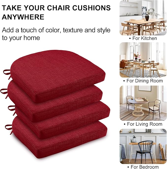 Wellsin Chair Cushions for Dining Chairs 4 Pack - Kitchen Chair Cushions with Ties and Non-Slip Backing - Dining Chair Pads 16"X16"X2", Red