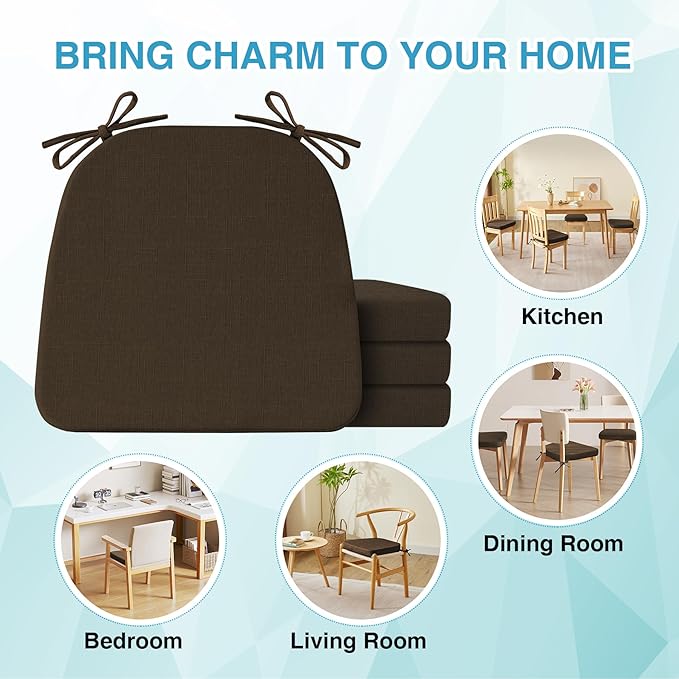 IASEAHK Chair Cushions for Dining Chairs Set of 4, Non Slip Kitchen Chair Pads, 17" x 16" x 2", Indoor Dining Chair Cushions with Ties, D-Shaped Seat Cushions for Kitchen Chairs, Brown
