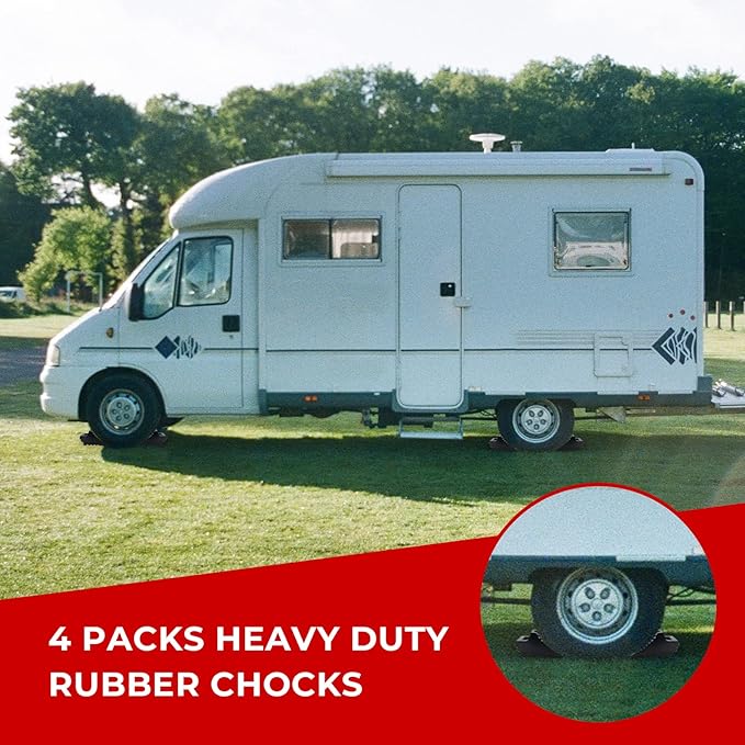 HOXWELL Solid Heavy Duty Rubber Wheel Chocks 4 Packs for Cars, RVs, Trucks, Trailers, ATV, and Vehicles, G.V.W. up to 8T, Anti Slip Bottom Tire Chock 8.6" x 3.7" x 4.7"