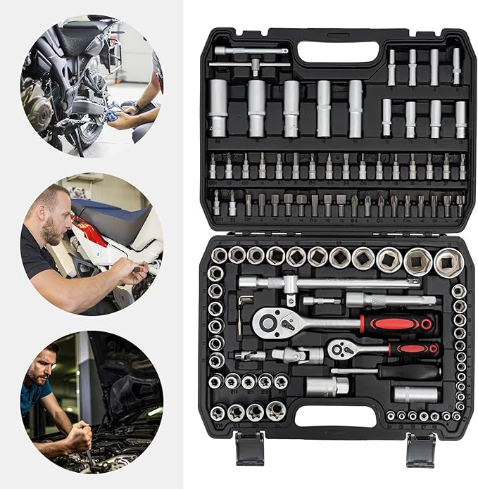 LYNICESHOP 108Pcs Mechanical Tools Kit, Ratchet Wrench Mechanics Tools Kit Metric 1/4 And 1/2 Drive Socket Set Sockets,Quick Release Reversible Ratchet Wrench Fit For Diy Car Motorcycle Repair