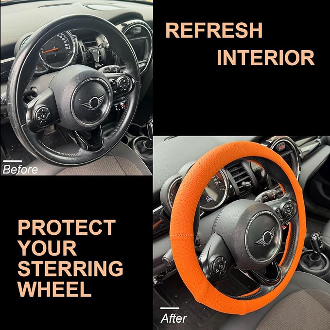 PINCTROT Large Size Nappa Leather Steering Wheel Cover with Ergonomic Palm Support Grip, Full Perforated Breathable, Slim Fit No Bulk Design,15.5-15.75 Inch(Hot Orange)