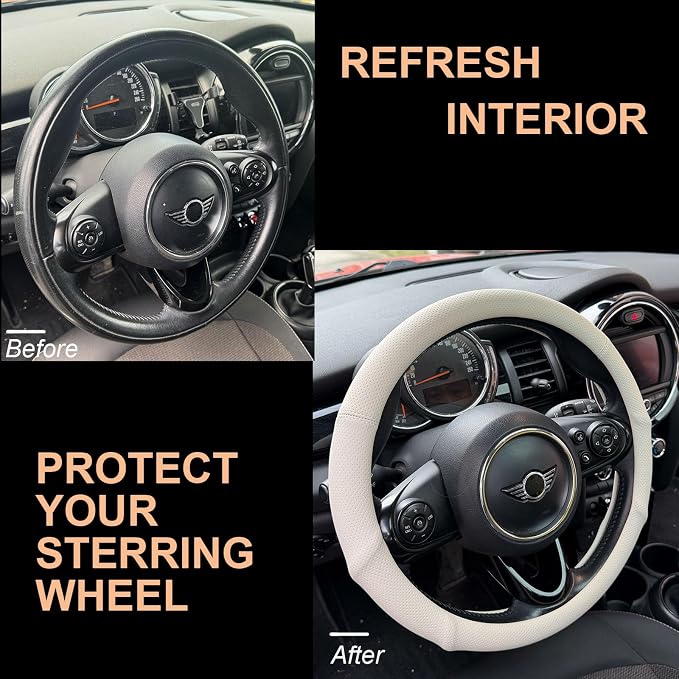 PINCTROT Nappa Leather Steering Wheel Cover with Ergonomic Palm Support Grip, Full Perforated Breathable, Slim Fit No Bulk Design, Universal 14.5-15 Inch (Cream White)