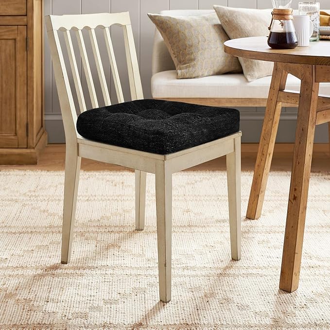 downluxe Chair Cushions for Dining Chairs 2 Pack, Tufted Indoor Chair Pads with Non-Slip Bottom, U-Shaped Kitchen Chair Cushions, 17"x17"x4", Black