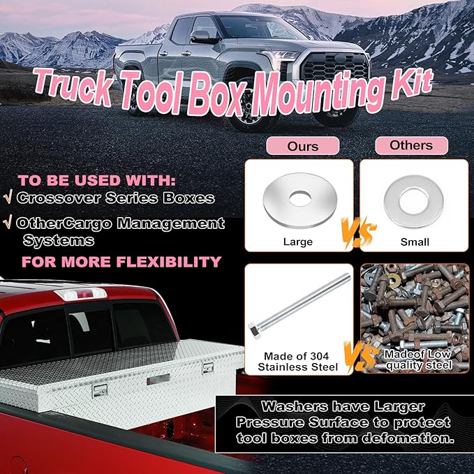 Upgraded Truck Tool Box Mounting Kit Comes with Fastening Nuts - Aluminum Pickup Truck Bed Toolbox Mounting Kit - Universal Truck Tool Box Tie Downs Accessories - J-Hooks Crossover Fixed Kit - Pink