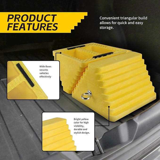 MaxxHaul 51169 Polyfoam Wheel Chocks with Steel Eyebolt – 2-Pack – 10″ × 8″ × 6″ Heavy-Duty Structural Foam – Bright Yellow – Vehicle & Trailer Safety for Cars, Trucks, RVs, Boats, ATVs