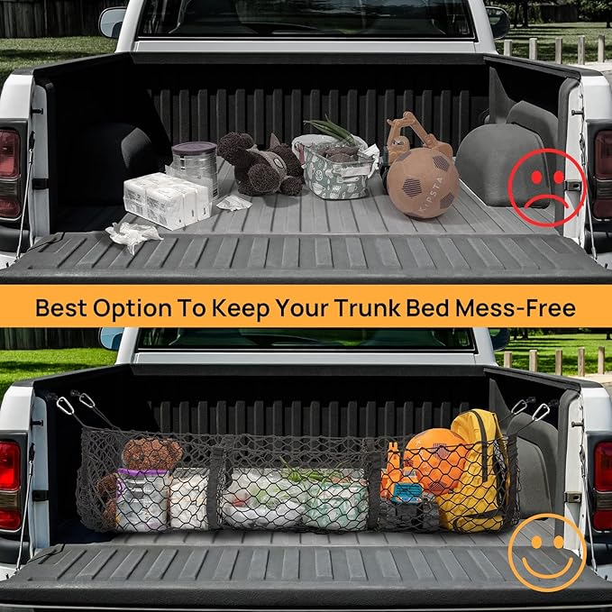3-Pocket Truck Bed Cargo Net Organizer,Heavy Duty 51.1×15.7 Inch Mesh Storage with 4 Metal Hooks,Universal Pickup Truck Bed Accessories for Toyota,Ford,Chevy,Dodge - Grocery & Gear Holder