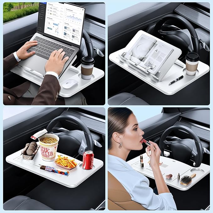 3 in1 Car Steering Wheel Tray Table for Laptop, Height Adjustable Car Table Tray for Driver, Car Food Tray with Drinks Holder,Multipurpose Travel Car Accessories for Long Road Trips-White