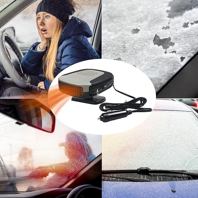 Car Heater With Handle,2IN1 Heating & Cooling, 12V 150W Portable Fast Heating Auto Windshield Defogger Defroster 360 Degree Rotary Automobile Windscreen Heater Plug into Cigarette Lighter