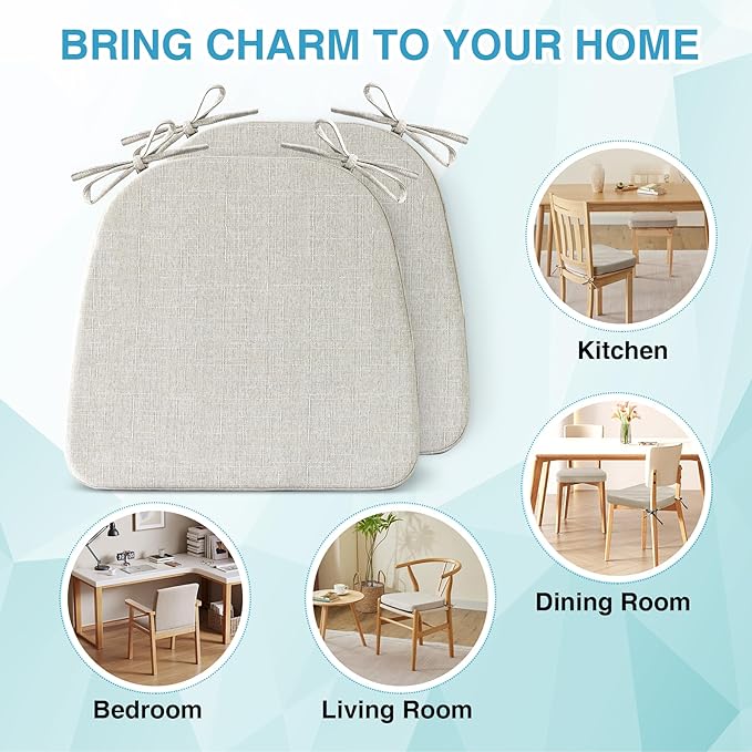 IASEAHK Chair Cushions for Dining Chairs Set of 2, Non Slip Kitchen Chair Pads, 17" x 16" x 2", Indoor Dining Chair Cushions with Ties, D-Shaped Seat Cushions for Kitchen Chairs, Beige