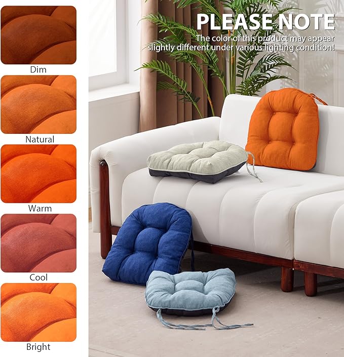 IASEAHK Chair Cushions for Dining Chairs, Seat Cushions for Kitchen Chairs, Indoor Seat Cushions with Ties, Tufted Foam Chair Pads, Non Slip Chair Cushions Set of 4, 15.5" x 15.5" x 4", Orange