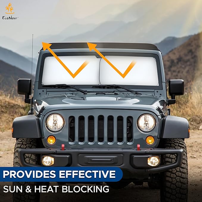 EcoNour 2-Piece Jeep Sunshade for Windshield Compatible with Wrangler JL JLU 2018–2025 & Gladiator 2020–2026, Foldable Sun Shade UV Block Heat Shield, Keeps Interior Cool, Upgraded Fit – (26"L x 18"W)