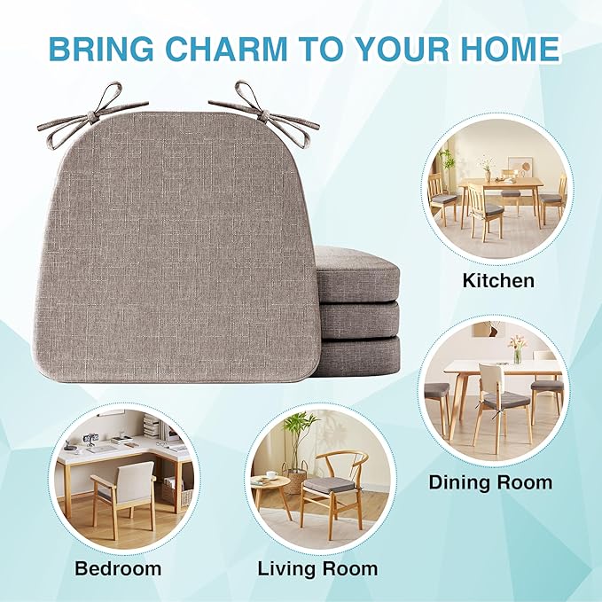 IASEAHK Chair Cushions for Dining Chairs Set of 4, Non Slip Kitchen Chair Pads, 17" x 16" x 2", Indoor Dining Chair Cushions with Ties, D-Shaped Seat Cushions for Kitchen Chairs, Light Brown