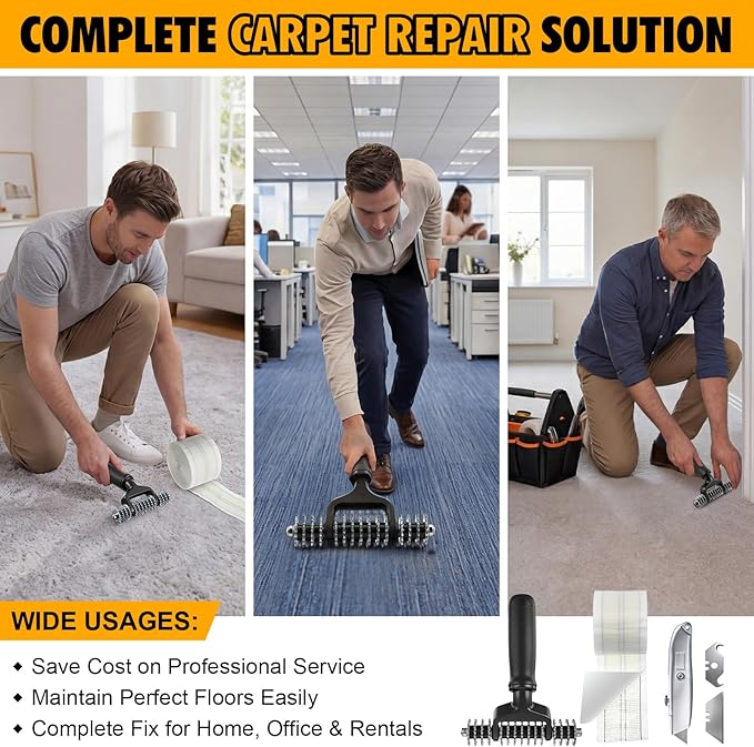 Dreyoo Upgraded Carpet Repair Kit with 5" Star Wheel Seam Roller, 4" x 30ft Carpet Seam Tape & Heavy Duty PVC Pipe Cutter, Heatless Carpets Patching Tools for DIY Home/Office Floor Maintenance