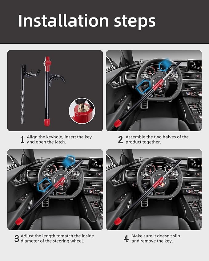 Dodomes Steering Wheel Lock Anti-Theft Heavy Duty Secure Car Device, Adjustable Length Clamp Double Hook Locks Universal Fit Black