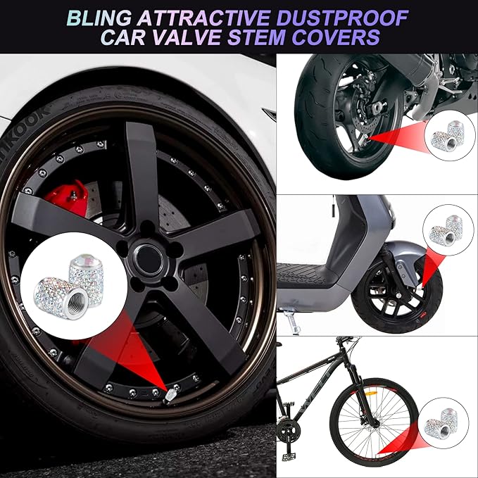 Alpmosn Car Wheel Tire Valve Caps, 4 PCS Bling Tire Valve Caps, Crystal Tire Caps Shinny Rhinestone for Women, Universal Car Dustproof Tire Valve Caps for Cars, Trucks, SUV and Motorcycles (AB)