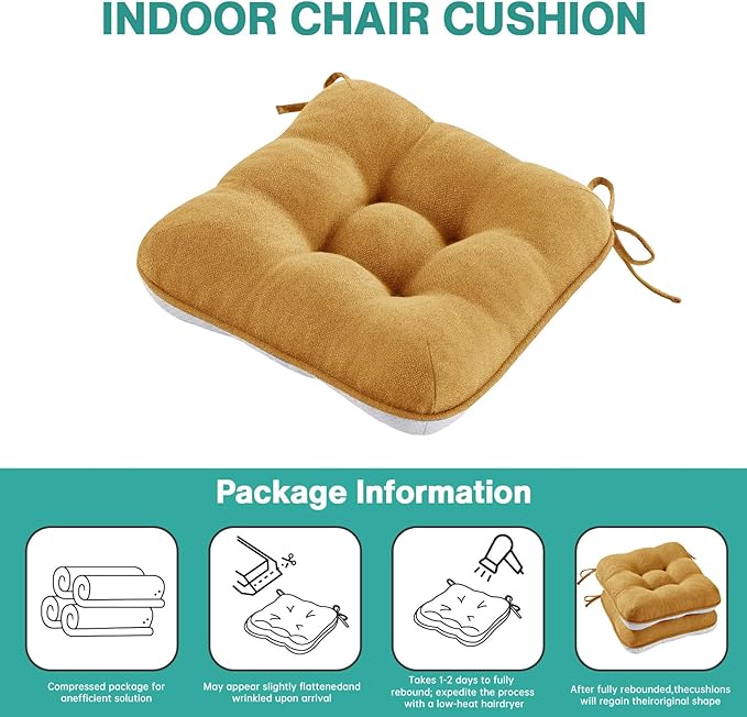 BETU Chair Cushions for Dining Chairs Set of 6,3.5" Thick Kitchen Table Chair Pads with Ties,Non Slip Backing and Covers, Seat Cushion for Dining Room,Bar,Patio Chairs,15.5"X15.5"X3.5",Yellow