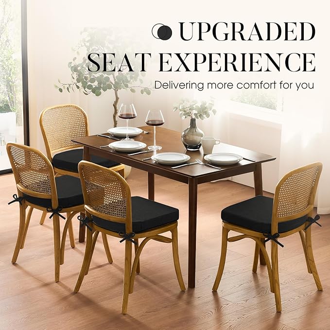 Basic Beyond Chair Cushions for Dining Chairs with Ties and Removable Cover, 2" Thick Seat Cushions for Kitchen Chairs, Set of 6, 17" x 16", Black