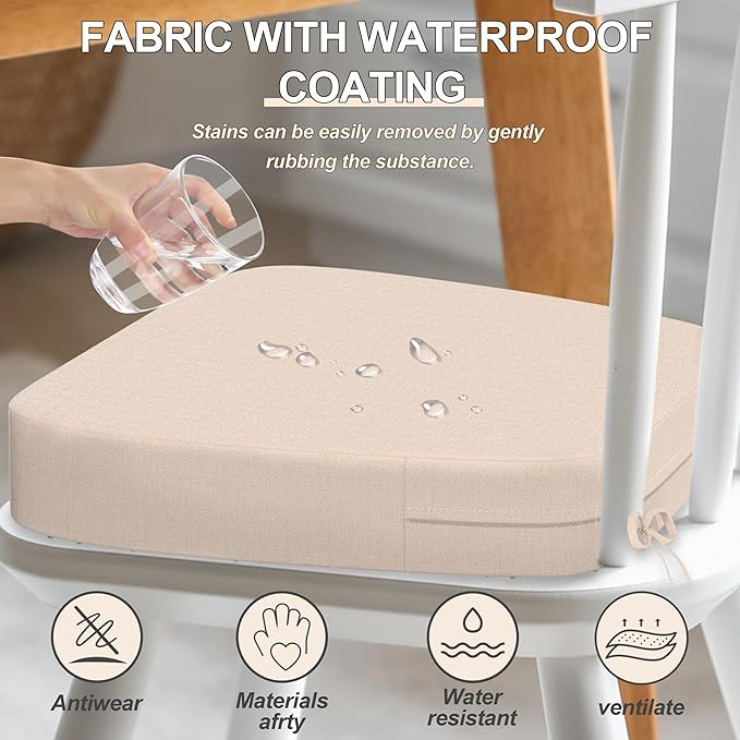 17'' x 16'' x 2.5"Thick Chair Cushions for Dining Chairs, 8 Pack WaterProof Easy Clean Kitchen Chair Pads with Ties and Non-Slip Backing - 30D High Elastic Foam Soft Kitchen Chair Cushions