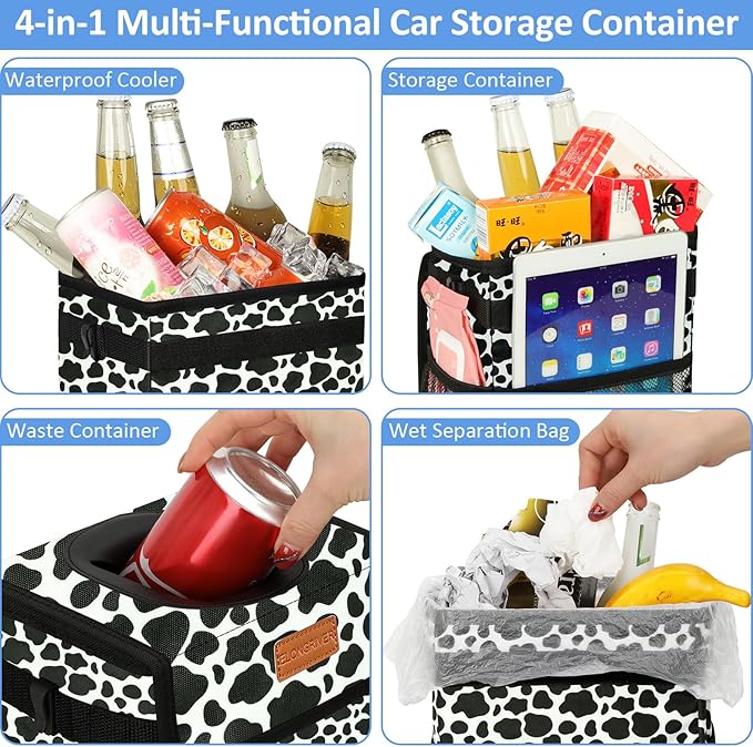 ELONGRIVER Car Trash Can Bin for Back Seat Leak Proof, Cute Car Trash Bag Hanging, Vehicle Trash Can for SUV Truck Van, Automotive Garbage Cans Front Seat Cow Print, 2 Gallons
