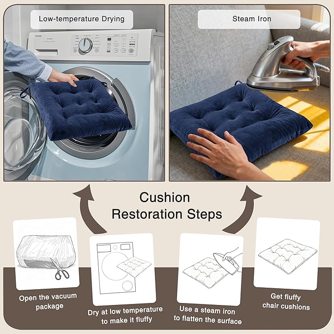 OVOV 1 Pack Chair Cushions for Dining Chairs Soft Seat Cushions for Kitchen Desk Chairs Square Chair Pads with Ties (15.5"x15.5" Navy)