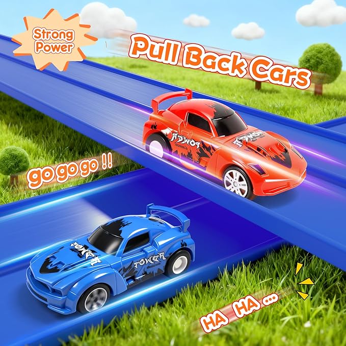 KETIEE Flex Tracks 16Ft for Kids: Flexible Race Car Ramp Track with 2 Small Racecars and 4 Suction Cups Compatible with Diecast 1/64th Cars, Rolls Up Portable Racetrack for Ages 3 & Up