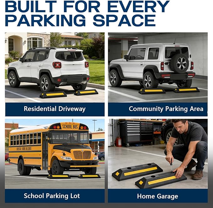 2-Pack Heavy Duty Rubber Parking Stoppers, Wheel Blocks with Reflective Stripes, Tire Stoppers for Garage, Truck, RV, Trailer, Van and Forklift, Car Parking Blocks for Garage Safety
