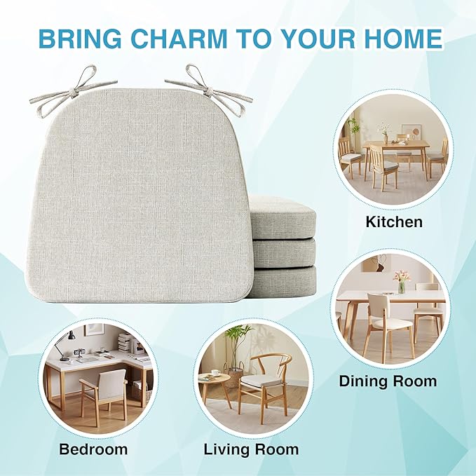 IASEAHK Chair Cushions for Dining Chairs Set of 4, Non Slip Kitchen Chair Pads, 17" x 16" x 2", Indoor Dining Chair Cushions with Ties, D-Shaped Seat Cushions for Kitchen Chairs, Beige