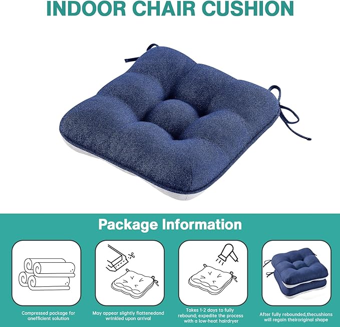 BETU Chair Cushions for Dining Chairs Set of 6,3.5" Thick Outdoor Indoor Chair Pads with Ties,Non Slip Backing and Covers, Seat Cushion for Kitchen Dining,Bar,Patio Furniture15.5"X15.5"X3.5",Navy Blue
