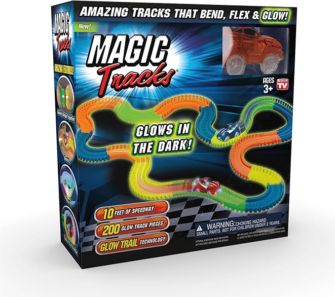 Ontel Magic Tracks 10 Foot Glow In The Dark Bendable Flexible Racetrack with LED Light-Up Race Car, Educational Playset Birthday Gift for Ages 3+