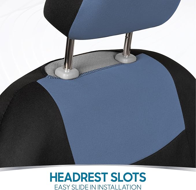 BDK PolyPro Car Seat Covers Full Set in Blue Gray on Black, Front and Rear Split Bench Seat Covers for Cars, Easy to Install Car Seats Cover Set and Accessories for Auto Trucks Van SUV - Blue Gray