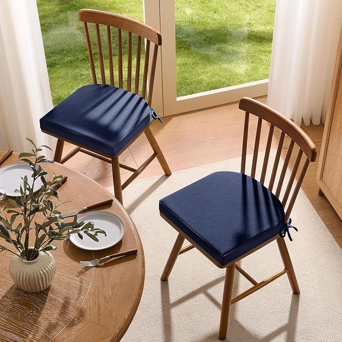 downluxe Chair Cushions for Dining Chairs, Memory Foam Linen Kitchen Chair Pads with Ties, Waterproof, Stain-Resistant and Washable Cover, 17" x 16" x 2.5", Blue, 4 Pack