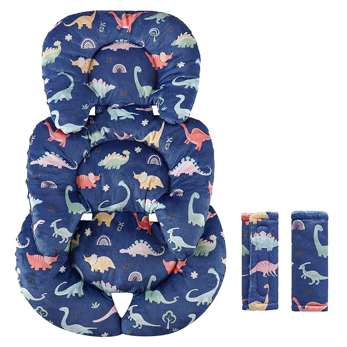 Infant Car Seat Insert Cushion, Super Soft Baby Car Seat Head Support & 2 Straps Pads, Reversible Preemie Newborn Carseat Insert, Fit Car Seat, Stroller, Infant Bouncer, Blue Dinosaur