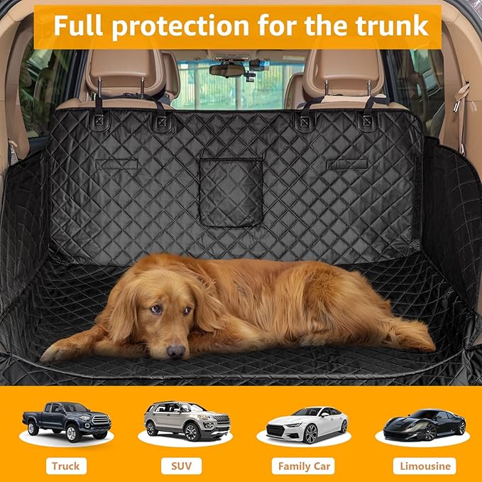 PETICON SUV Cargo Liner for Dogs, PU Leather Waterproof Pet Cargo Cover for SUVs Sedans Vans with Bumper Flap Protector, Scrachproof Non-Slip Large Size Dog Seat Mat Universal Fit