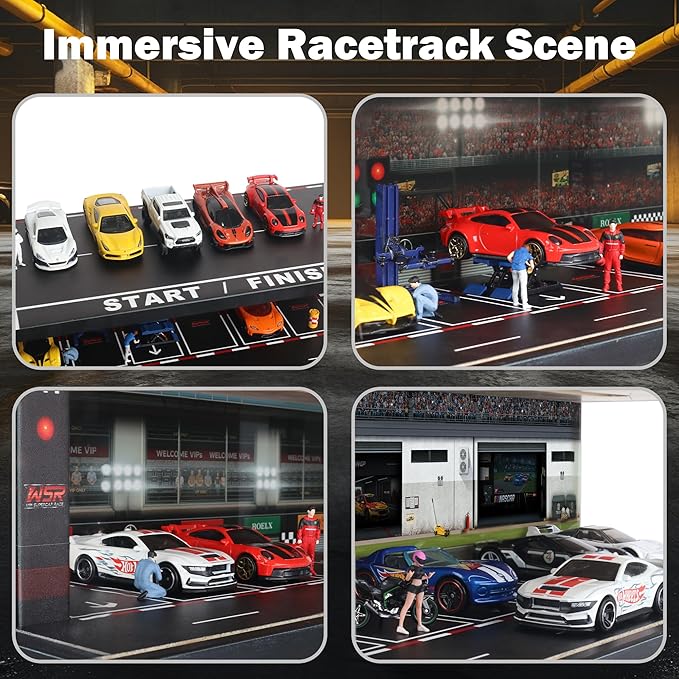Display Case for Hot Wheels: Toy Car Garage with LED Lights, Freestanding Parking Garage Diorama for 1/64 Diecast Cars, 4-Level Storage Rack with 40 Spots – Cars Not Included