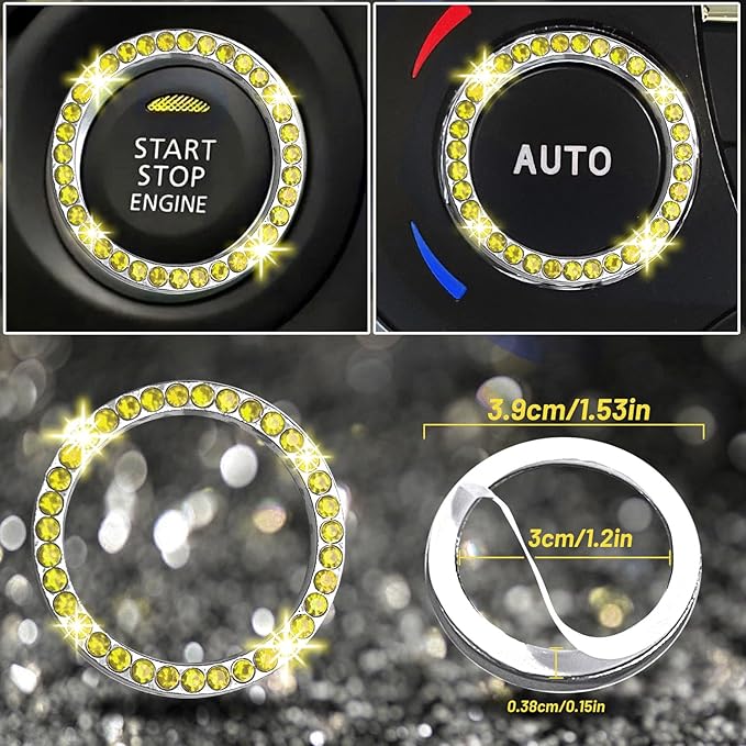 NBTEPEM 8 pcs Yellow Bling Car Accessories Set for Women, Steering Wheel Cover, Sparkly Seat Belt Covers, Bling Gear Shift Cover, Universal Fit Most Cars (Yellow Diamond)