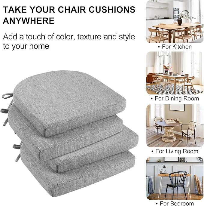 Wellsin Chair Cushions for Dining Chairs 4 Pack - Kitchen Chair Cushions with Ties and Non-Slip Backing - Dining Chair Pads 16"X16"X2", Light Gray