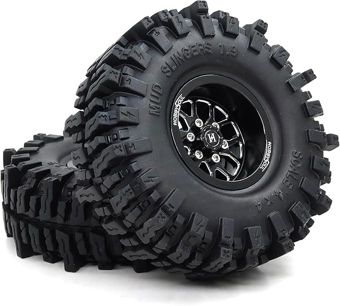 HOBBYSOUL 1.9 Beadlock Wheels and Tires 120mm Tall, 1.9'' Mud Slingers T8 Tires and Wheels Rims -10.5mm Negative Offset for 1/10 RC Crawler SCX10 TRX4 Gen8 Upgrades, (4-Pack, HS701501)
