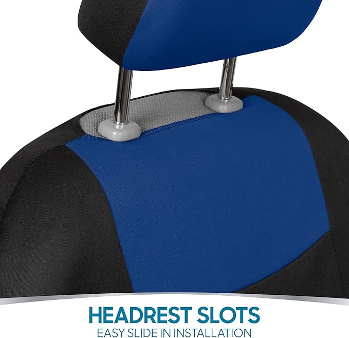 BDK PolyPro Car Seat Covers Full Set in Blue on Black, Front and Rear Split Bench Seat Covers for Cars, Easy to Install Car Seats Cover Set and Accessories for Auto Trucks Van SUV - Blue