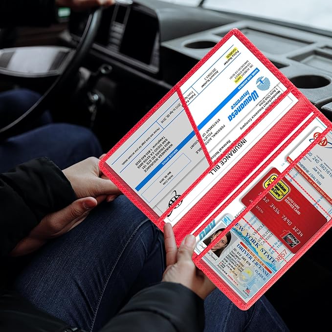 TOURSUIT Car Registration and Insurance Card Holder, Vehicle License Document Glove Box Compartment Organizer, Interior Car Accessories for Women Men Teens (Carbon Red)