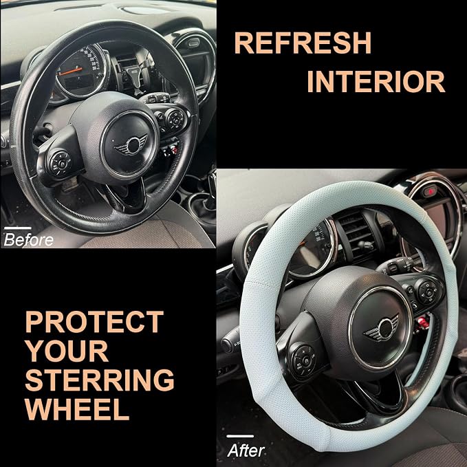 PINCTROT Nappa Leather Steering Wheel Cover with Ergonomic Palm Support Grip, Full Perforated Breathable, Slim Fit No Bulk Design, Universal 14.5-15 Inch (Ice Blue)