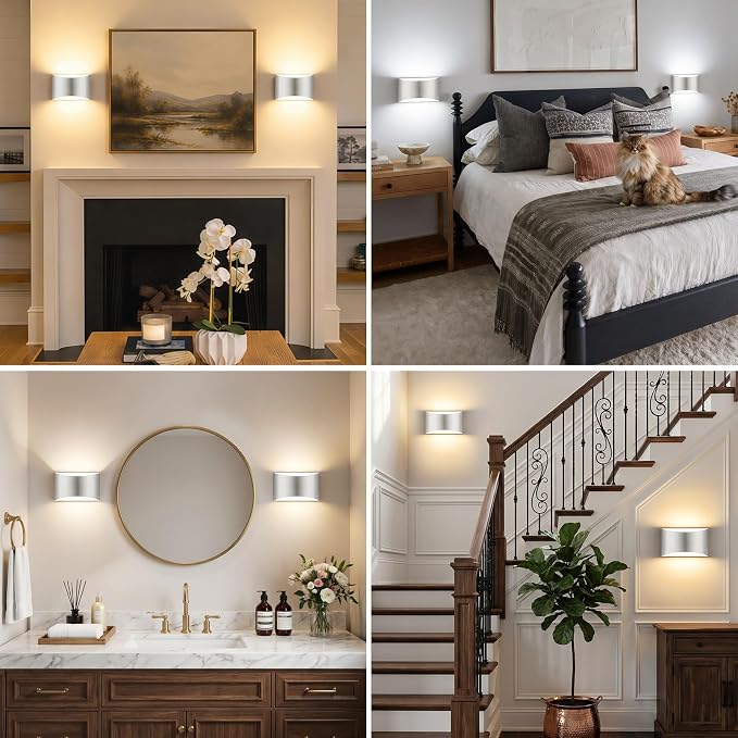 MATAMEYE Modern LED Wall Sconce Set of 2, Brushed Nickel Aluminum Indoor Wall Lighting Fixture, 3 Colors & Timer, Up/Down Dimmable Wall Mount Lamp