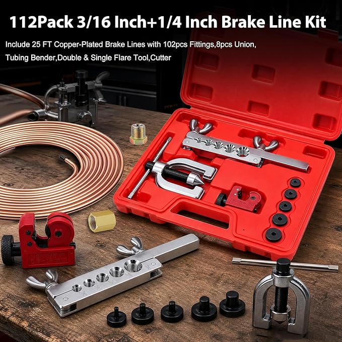 smseace 112Pack 3/16 Inch+1/4 Inch Double & Single Brake Line Flaring Tool Kit include 25 FT Copper-plated Brake Lines with Fittings,Union,Tubing Bender,Flare Tool,Cutter Brake Line Repair Kit