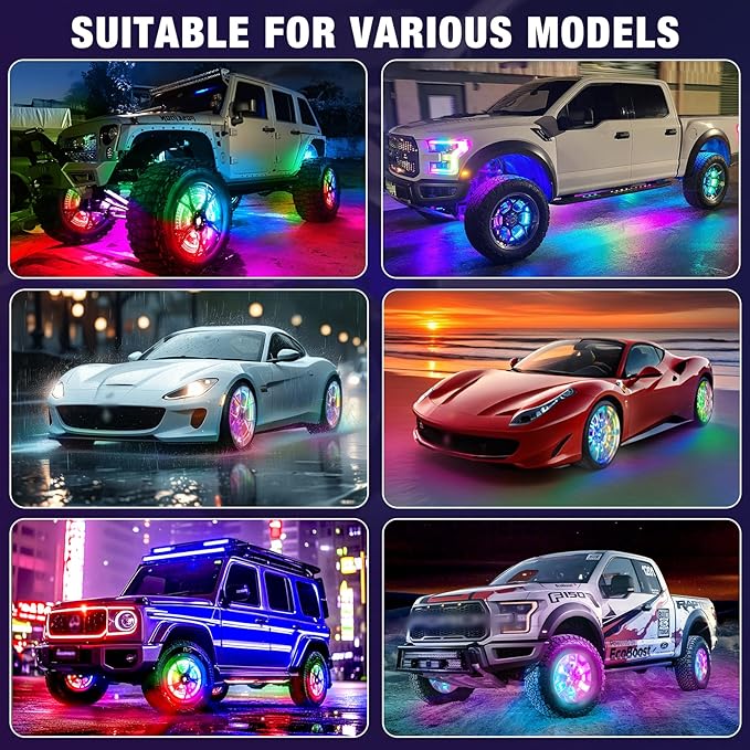 Tavaray 4PCS 15.5" Double Sided RGB LED Wheel Ring Lights with APP & Remote Control, 178+DIY Dynamic Modes w/Turn Signal Braking and Reverse Function Wheel Lights for Trucks Pickups Cars Offroad
