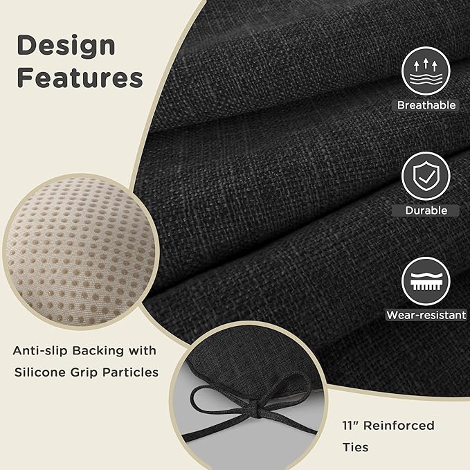 AddGrace Chair Cushions for Dining Chairs Set of 1 Kitchen Seat Cushions with Ties and Non Slip Backing Tufted Indoor Seat Pad for Kitchen Dining Room 18" x 17" x 3" Black