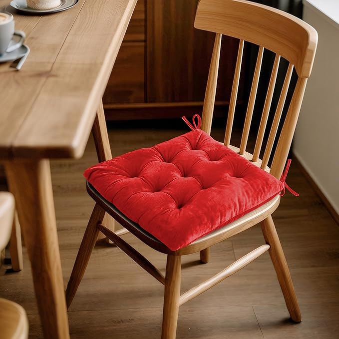 ELFJOY Set of 4 Square Chair Pads Indoor Seat Cushions Pillows with Ties Thick Soft Seat Cushion for Kitchen Dining Office Chair (18", Red)